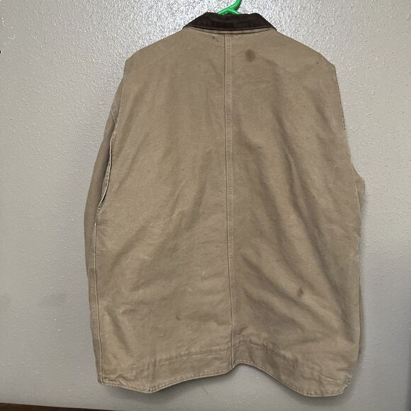 Carhartt  Denim Jacket RN#14806 Mens Size XL Brown Fleece Lined Distressed Logo - Picture 2 of 12